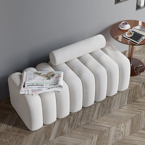 Modern Line Tufted Bench Upholstered Bench with Round Back White