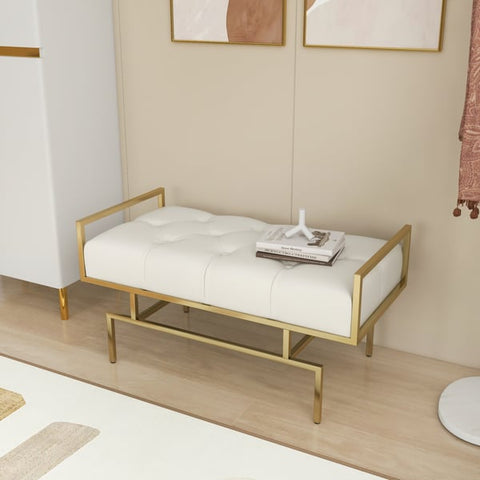 Modern Beige Entryway Bench Faux Leather Upholstered Tufted Bench Gold Legs