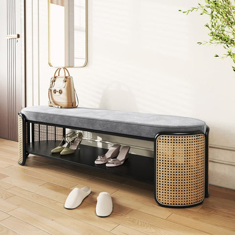 Rattan Bench Modern Gray & Natural Upholstered Entryway Bench with Shoe Storage