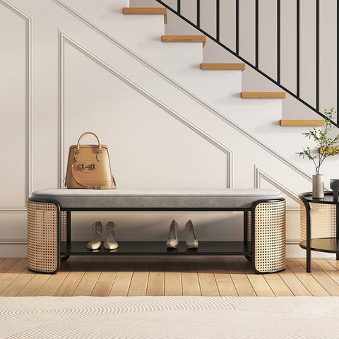Rattan Bench Modern Gray & Natural Upholstered Entryway Bench with Shoe Storage