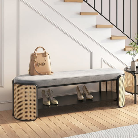 Rattan Bench Modern Gray & Natural Upholstered Entryway Bench with Shoe Storage