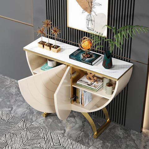 Modern Gold Console Table Sintered Stone Top Entryway Storage Cabinet with Doors