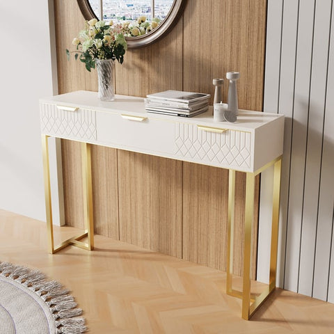 Aro White & Gold Modern Console Table Rectangular Accent Table Entryway Drawers