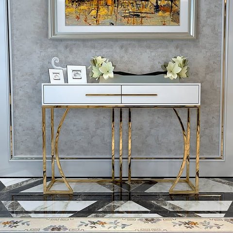 Modern White MDF Top Console Table with Drawers & Gold Stainless Steel Legs for Entryway