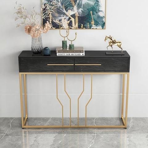 Narrow Console Table with Drawers Wood Top in Black