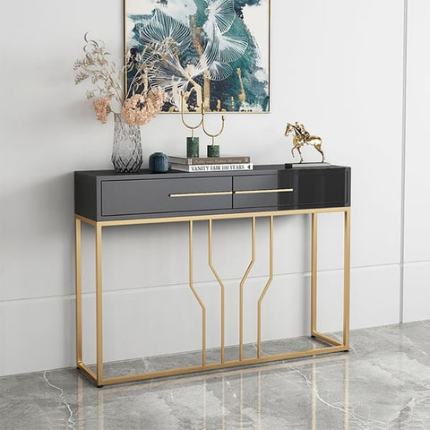 Narrow Console Table with Drawers Wood Top in Black