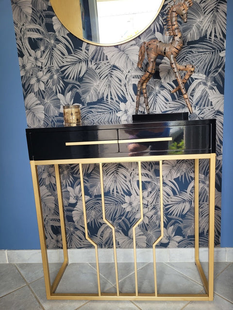 Narrow Console Table with Drawers Wood Top in Black