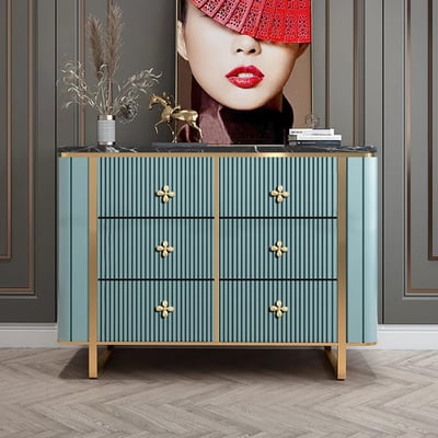 Modern Blue Dresser Faux Marble Top Cabinet with 6 Drawers in Gold