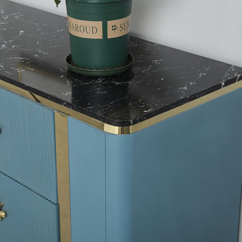 Modern Blue Dresser Faux Marble Top Cabinet with 6 Drawers in Gold