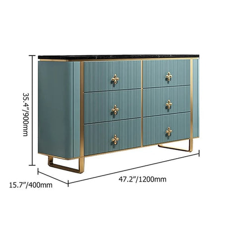 Modern Blue Dresser Faux Marble Top Cabinet with 6 Drawers in Gold