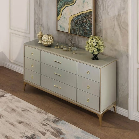 Contemporary 9-Drawer Champagne Bedroom Dresser for Storage in Gold