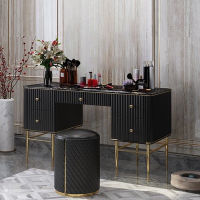 Bline Black Makeup Vanity Table Marble Dressing Table with Drawers Gold Stainless Steel