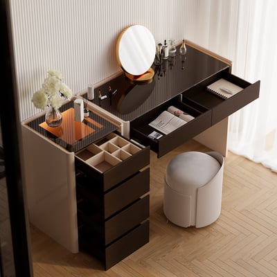 Modern Walnut Makeup Vanity with Light Dressing Table with Jewelry Storage & Cabinet