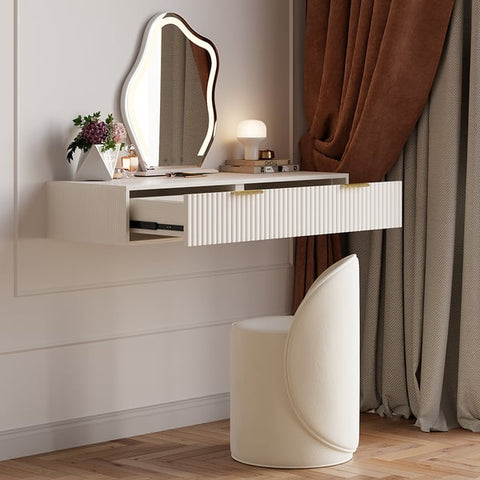 Modern White Floating Makeup Vanity Set with Drawers Dressing Table with Stool & Mirror