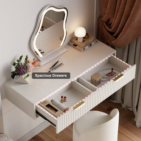 Modern White Floating Makeup Vanity Set with Drawers Dressing Table with Stool & Mirror