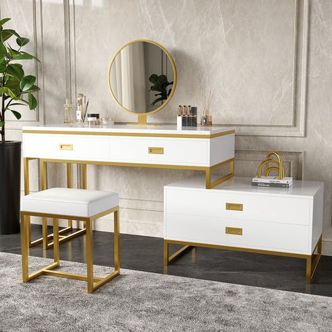 Modern White Makeup Vanity Expandable Dressing Table with Cabinet Mirror&Stool Included