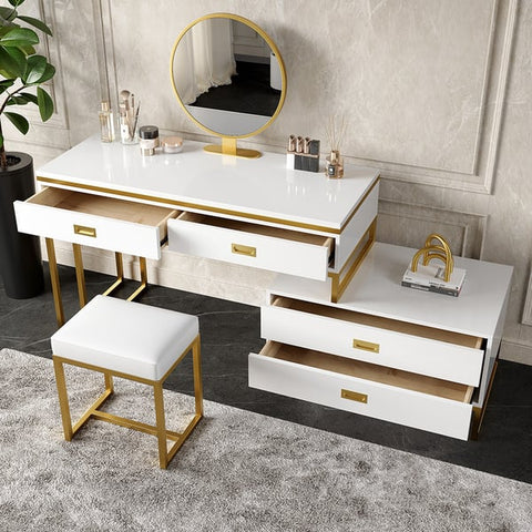 Modern White Makeup Vanity Expandable Dressing Table with Cabinet Mirror&Stool Included