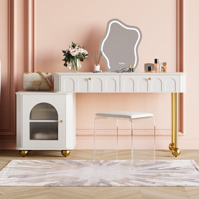 Modern White Makeup Vanity Set Dressing Table with Lighted Mirror & Cabinet & Stool