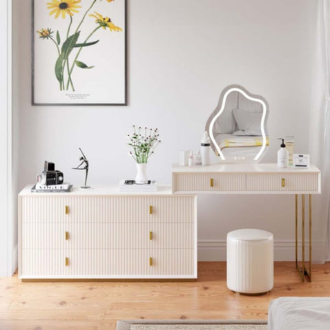 Modern White Makeup Vanity Set with 6-Drawer Cabinet Dressing Table with Stool & Mirror