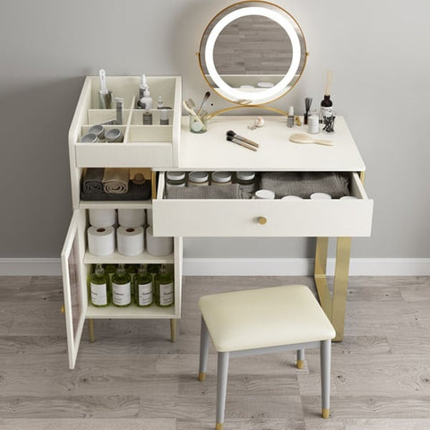 Modern White Retractable Makeup Vanity Set with Side Cabinet Dressing Table with Light