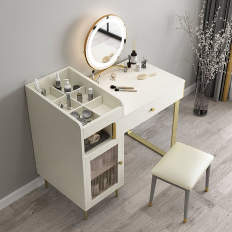 Modern White Retractable Makeup Vanity Set with Side Cabinet Dressing Table with Light