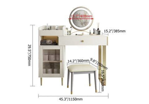 Modern White Retractable Makeup Vanity Set with Side Cabinet Dressing Table with Light