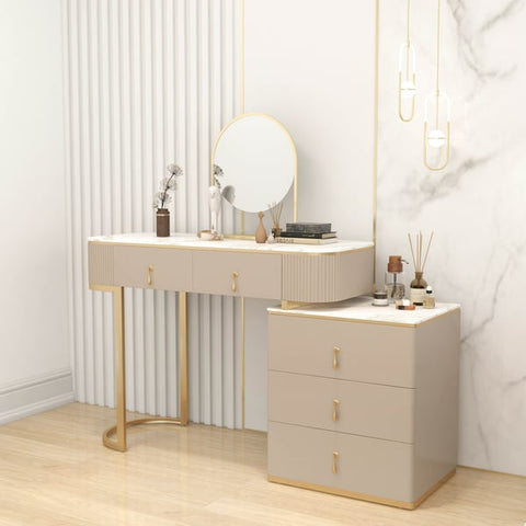 Nordic Makeup Vanity Extendable with 5-Drawer Dressing Table with Stone Top in Champagne