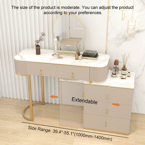 Nordic Makeup Vanity Extendable with 5-Drawer Dressing Table with Stone Top in Champagne