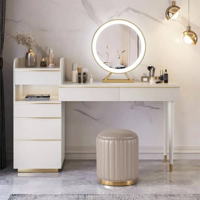 Off-white Makeup Vanity Set Dressing Table with Lighted Mirror Cabinet & Stool Included