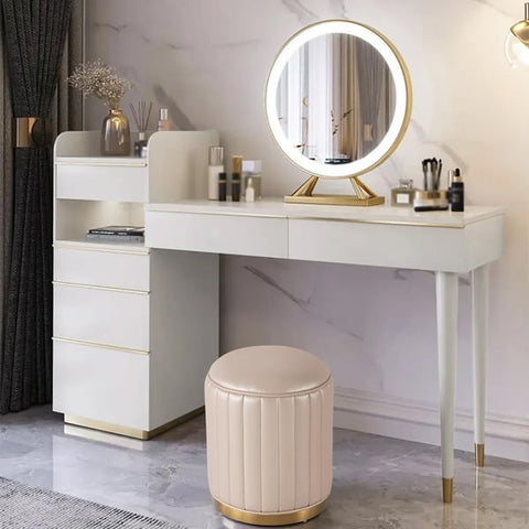 Off-white Makeup Vanity Set Dressing Table with Lighted Mirror Cabinet & Stool Included