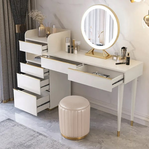 Off-white Makeup Vanity Set Dressing Table with Lighted Mirror Cabinet & Stool Included