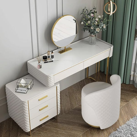 White Makeup Vanity Set Extendable Dressing Table Seat & Mirror Included