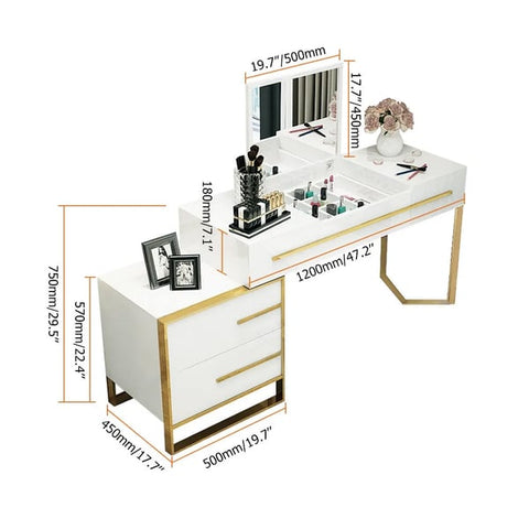 White Makeup Vanity with Storage & Flip Top Mirror 4 Drawers & Golden Base