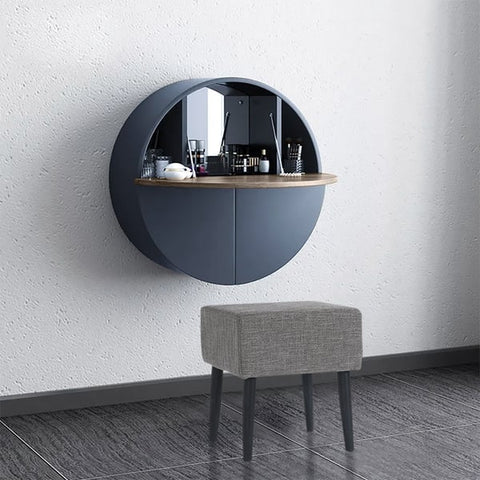 Modern Gray Round Wall-Mount Makeup Vanity Table Set with Mirror & Stool Included