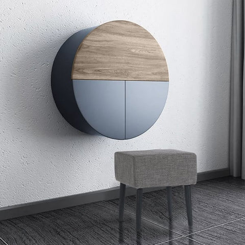 Modern Gray Round Wall-Mount Makeup Vanity Table Set with Mirror & Stool Included