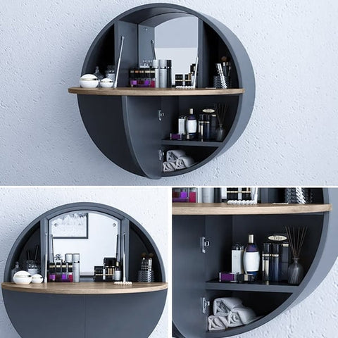 Modern Gray Round Wall-Mount Makeup Vanity Table Set with Mirror & Stool Included