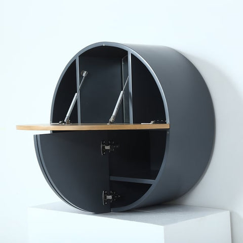 Modern Gray Round Wall-Mount Makeup Vanity Table Set with Mirror & Stool Included