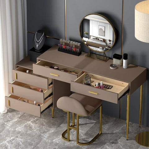 Modern Khaki Makeup Vanity Set Retracted Dressing Table Cabinet&Stool&Mirror Included