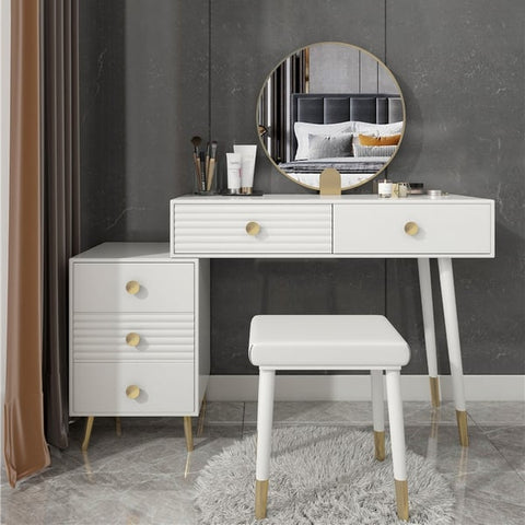 Modern Makeup Vanity Desk Vanity Set with Mirror & Stool Dresser Table with 5 Drawers