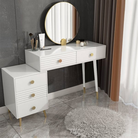 Modern Makeup Vanity Desk Vanity Set with Mirror & Stool Dresser Table with 5 Drawers