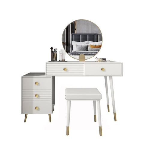 Modern Makeup Vanity Desk Vanity Set with Mirror & Stool Dresser Table with 5 Drawers