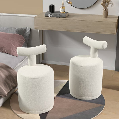 Modern White Boucle Vanity Stool with Round Seat & Back Bedroom Vanity Chair