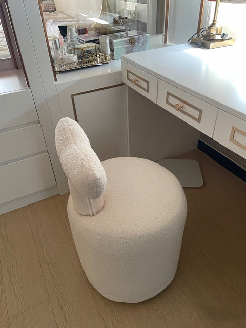Modern White Boucle Vanity Stool with Round Seat & Back Bedroom Vanity Chair