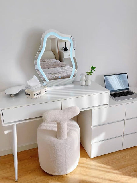Modern White Boucle Vanity Stool with Round Seat & Back Bedroom Vanity Chair