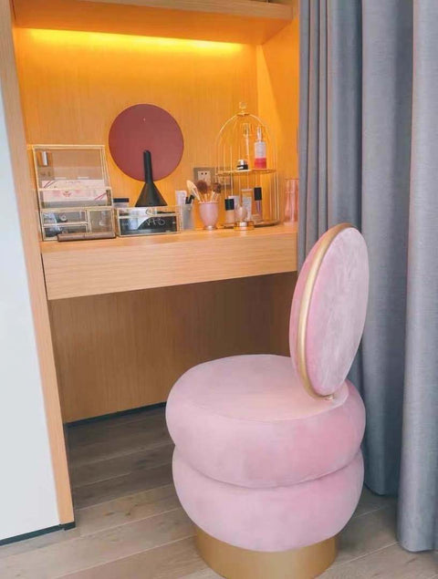 Pink Velvet Vanity Stool With Back Round Tufted