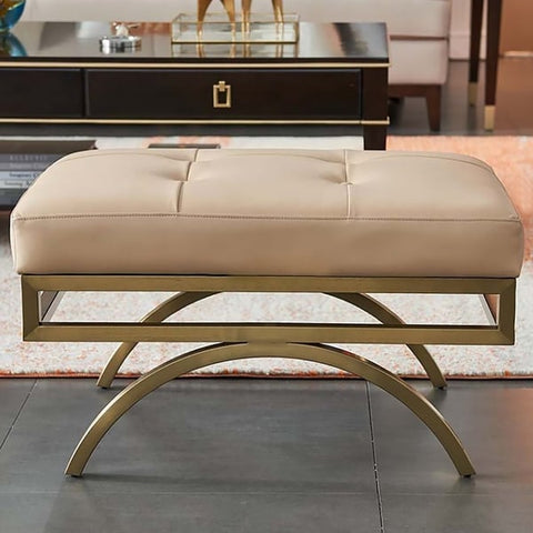 Beige Stool Leather Upholstered Ottoman Stool Gold Legs